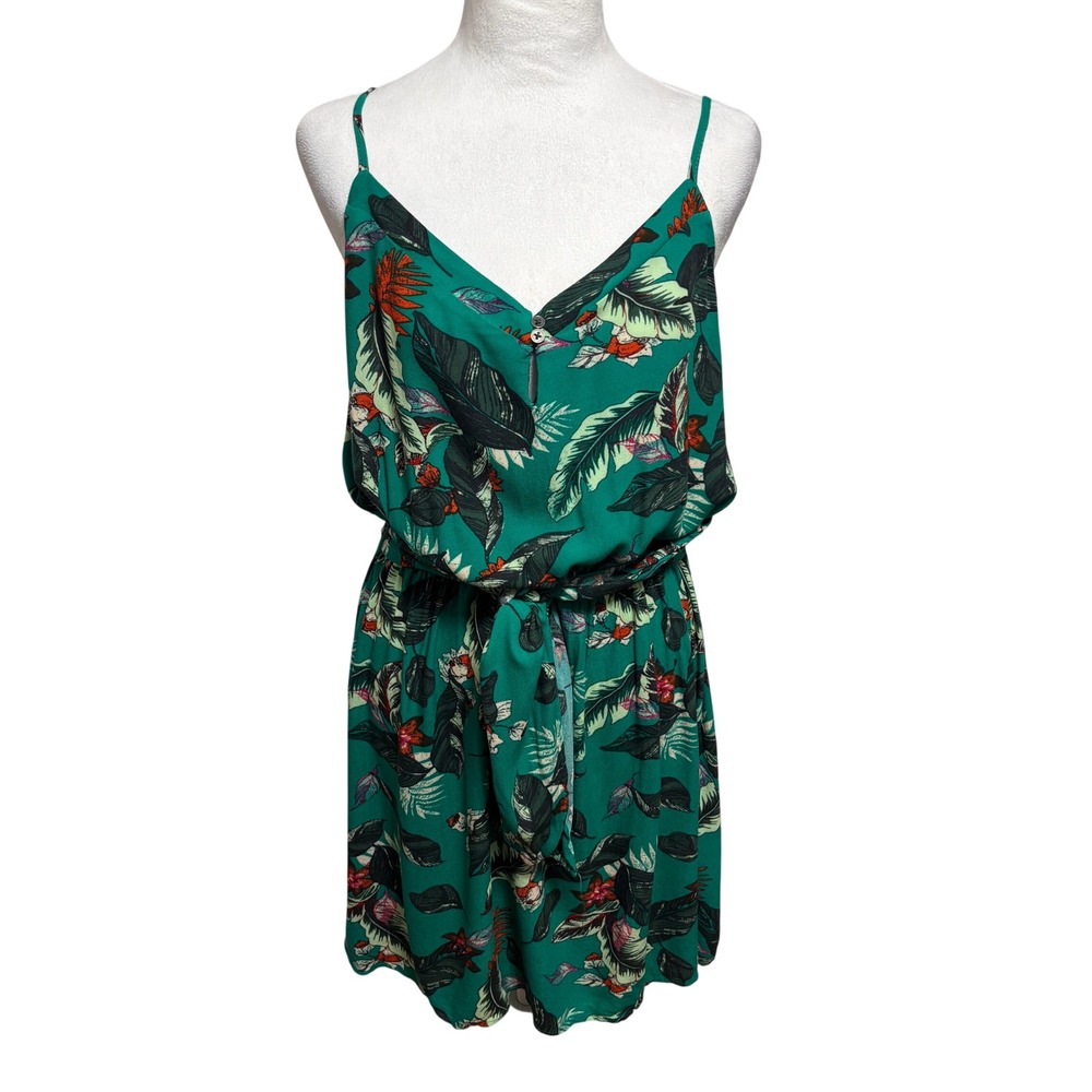 Sundress Womens L Green Tropical Floral Waist Tie Summer Boho Botanical Vacation